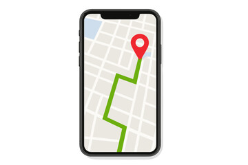 GPS navigation app on smartphone screen. Mobile phone with city map, route and destination pin. Location tracking. Travel direction guide. Path finding technology concept vector.