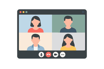 Video conference call screen. Online meeting and team communication concept. Remote work and business webinar. Vector illustration of a video chat application interface mockup.
