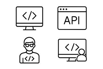 Set of 4 Programming and Coding Web Icons, Line Style. Software Development, Code Editor, API, Developer, Computer Programmer, Information Technology, Coding Concept for Web and Mobile Application