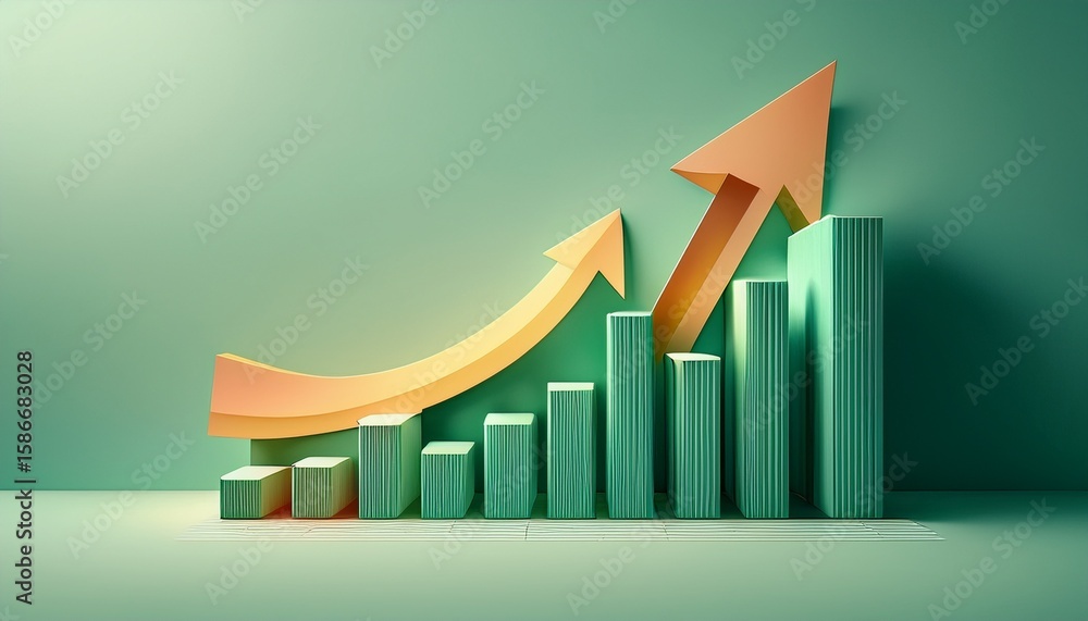 abstract illustration of a growing bar graph with an... a bar graph showing growth with an arrow pointing upwards on a light ...
