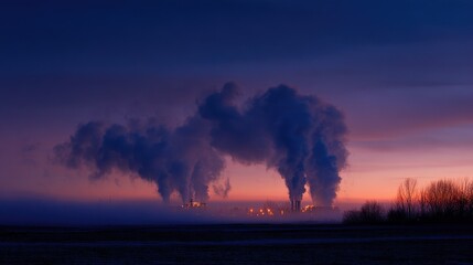 Wall Mural - billowing smoke rising from industrial facility smokestack, creating stark silhouette against twilig