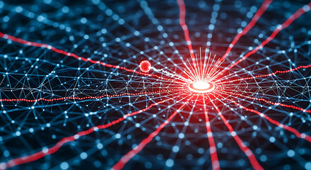 Abstract depiction of a network with a central glowing point and connecting lines.
