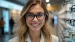 © Konstantin - Close-up of a gorgeous young woman smiling while choosing eyeglasses at an optician in a shopping mall. Happy beautiful woman shopping for glasses