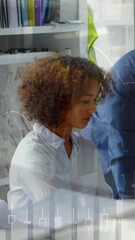 Wall Mural - animation of statistics processing over male and female architects discussing
