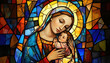 © Viktor - Colorful stained glass illustration Virgin Mary holding baby Jesus Christ in minimalist style. Vibrant religious artwork features rich blues, yellows, reds. Offers spiritual symbolism, devotion,