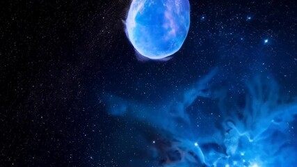 Wall Mural - spectacular deep blue nebula with distant moon and sparkling stars floating gently through the infin