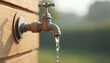 © Maryna - Metal tap on wooden wall outdoors. Water drips from faucet, highlighting resource conservation and wastage issues. Macro shot captures texture, light, and shadow. Simple minimalist still life.