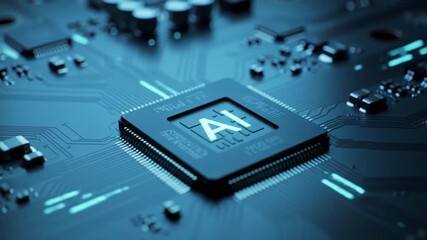Wall Mural - close up of blue ai microchip on circuit board illustrating modern technology and computing