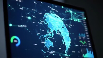 Wall Mural - close up of blue globe map display with interconnected lines and data visualizations on dark backgro