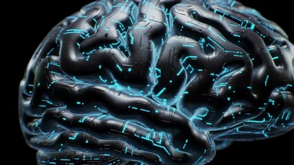 Wall Mural - stylized black brain with glowing blue circuit patterns on a dark background