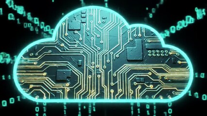 Wall Mural - teal cloud shape with circuit board detail on black background data storage technology