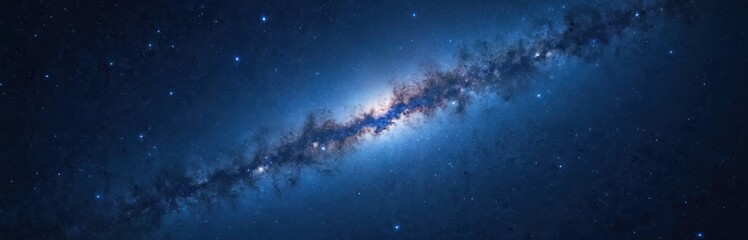 Vast blue expanse of deep outer space filled with countless shining stars, majestic Milky Way galaxy. Celestial background showcases cosmic dust clouds, nebula, evoking wonder, infinite exploration.
