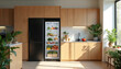 © Maryna - Modern kitchen with full fridge stocked with fresh ingredients. Warm wood cabinets, plants, sunlight create inviting space. Contemporary design, organized pantry, healthy eating lifestyle.