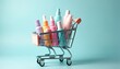 © Maryna - Miniature shopping cart overflows with colorful skincare, makeup bottles. Assortment of pastel cosmetic products includes creams, serums, sprays. Ideal for beauty retail, online sales, consumerism