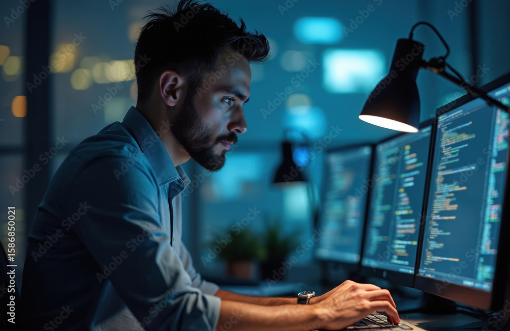 Man in blue shirt intensely focuses on multiple computer screens ...