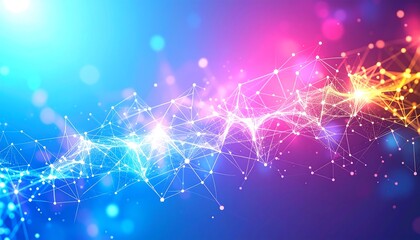 Wall Mural - abstract neural network visualization with glowing plexus and nodes on a vibrant blue and pink gradi