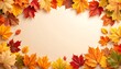 © CreativeCreations - Autumnal frame of vibrant red, orange, and yellow maple leaves on a warm beige background. Cozy fall seasonal banner template with ample copy space for Thanksgiving or sale promotions.