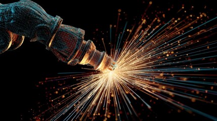 Wall Mural - wireframe robotic arm generating powerful energy burst with vibrant, radiating sparks against stark 