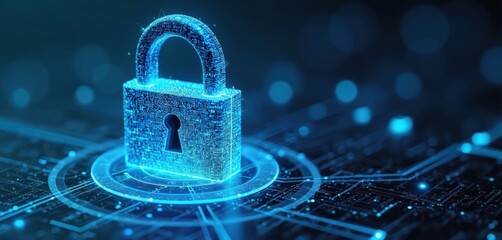 Glowing blue digital padlock symbolizes cyber technology security and network protection. Abstract background features circuit board elements and glowing lights, suggesting data safety and encryption.
