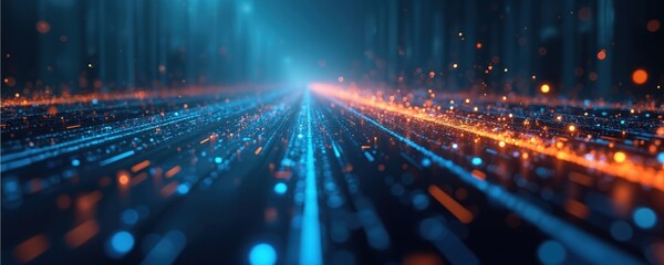 Abstract digital background with flowing blue, orange particles, lines, bokeh effects. Futuristic cyberspace pattern suggests data, AI, network connections. Modern graphic design for technology,