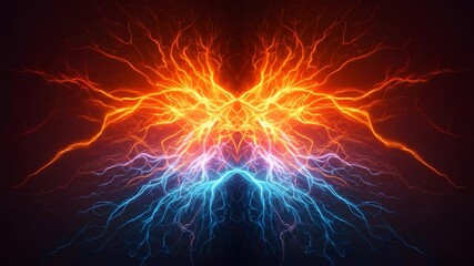 Wall Mural - Energy discharge. Orange & blue lightning effect. Dark backdrop. Science, tech, concept, power point, presentations