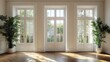 © hawarie - Elegant interior with french doors, herringbone wood floor, and potted palm trees evoking a sense
