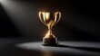 © apisit - Shining Gold Trophy on Podium: Capturing the essence of accomplishment and achievement, a radiant gold trophy sits proudly on a black podium, illuminated by a spotlight.