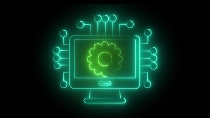Wall Mural - glowing neon Technology data network animation neon digital System glow technology icon animation black background.4k