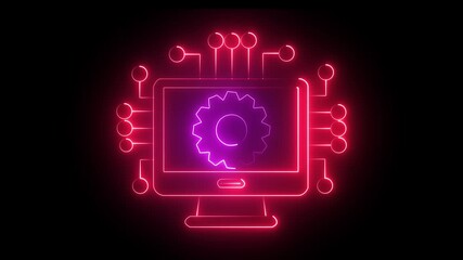 Wall Mural - glowing neon Technology data network animation neon digital System glow technology icon animation black background.4k