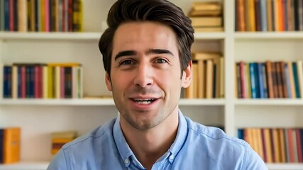 A friendly young man with a bright smile waves at the camera while sitting in front of a colorful bookshelf, creating a warm and engaging atmosphere for viewers