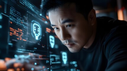 Close-up of a person intensely focused on a computer screen displaying interactive data.