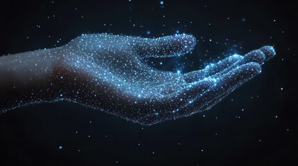 Wall Mural - Glowing hand, digital particles, dark space, futuristic concept, tech ad