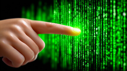 A hand touches a stream of green digital code