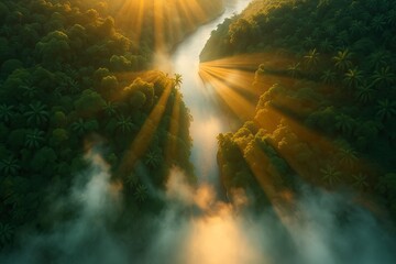 Wall Mural - Stunning views, lush green tropical forests, rivers, golden hour lighting, sunlight breaking through the fog, cinematic look, intense dramatic lighting.