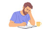 © Faris - Vector Illustration of Man Writing in Notebook with Pen and Coffee Mug.