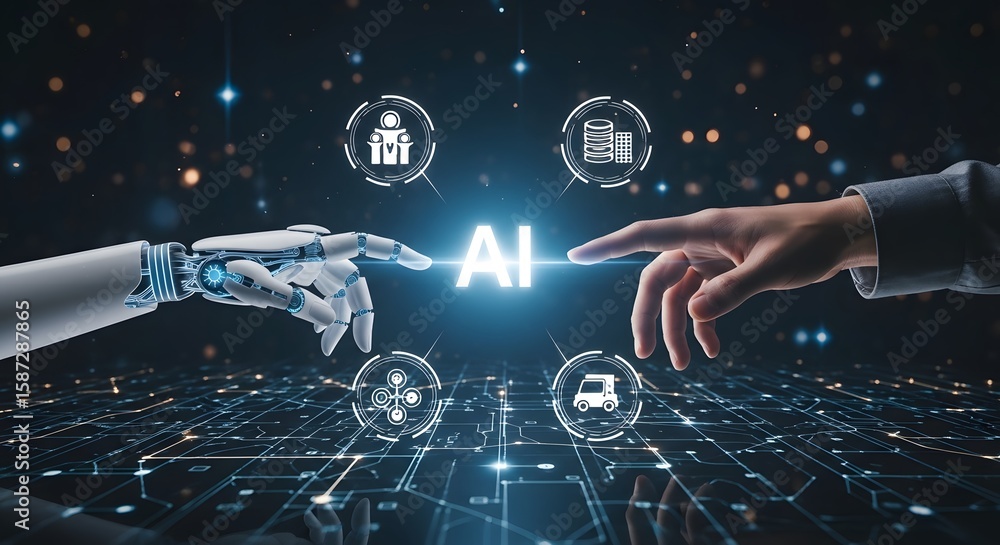 A futuristic depiction of artificial intelligence with robotic and ...