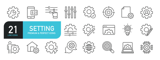 Set of line icons related to setting, setup, gear. Outline icons collection. Editable stroke. Vector illustration