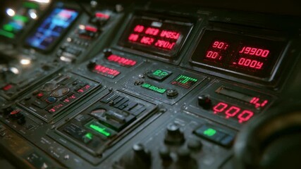 Wall Mural - close up of a sophisticated control panel featuring various buttons, switches, screens, and indicato