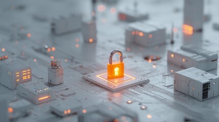 An orange padlock sits atop a microchip on a white circuit board with glowing accents. Concept for cybersecurity solutions, data encryption, and system protection for cloud computing