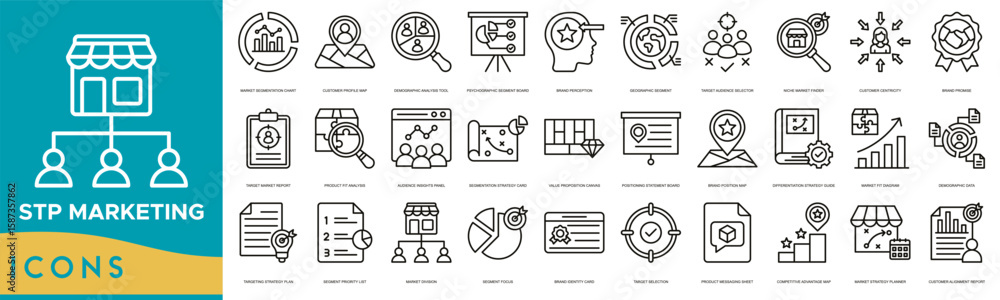 STP Market line icon set. Market Segmentation Chart, Customer Profile ...