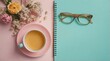 © farah - Pastel Flatlay of Notebook, Cup of Tea, Glasses and Flowers