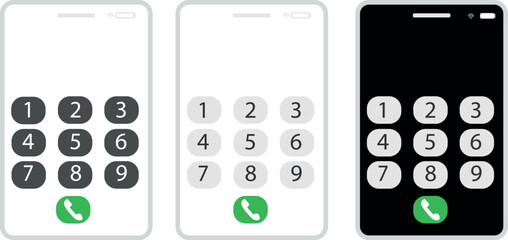 Three smartphones displaying number pads and a call button are presented in a light and dark theme design, transparent background