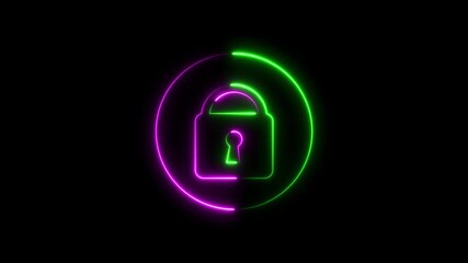 Safety, security, privacy, password icon. bright neon cyan color animation lock icon protection safety security privacy password closed animation sign symbol on black background.