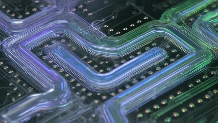 Wall Mural - transparent liquid cooling system efficiently managing heat dissipation on a complex electronic circ