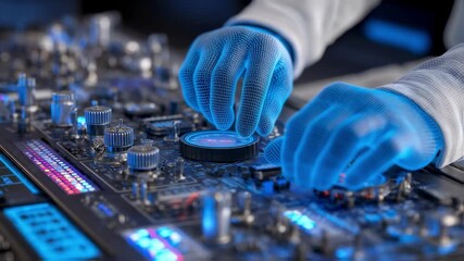 Wall Mural - hologram hands manipulating controls on advanced electronic equipment, showcasing innovative technol