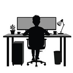 person working at desk with computer and lamp silhouette monitor