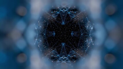 Using an innovative blend of digital and analog techniques, this abstract visual effect explores the theme of symmetry through an intricate web of interconnected lines and geometric