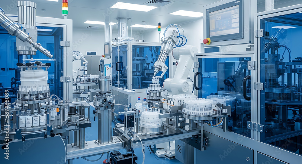 Automated robotic arm processes vials of liquid inside a clean ...