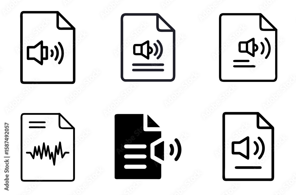 Digital document sound waves icon set for audio file, podcast script ...