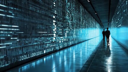 A futuristic hallway with walls displaying binary code, two businesspeople walking away